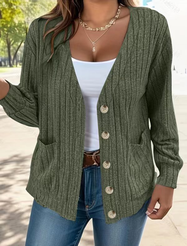 Women's relaxed fit ribbed knit cardigan with button front and pockets, effortless everyday layering