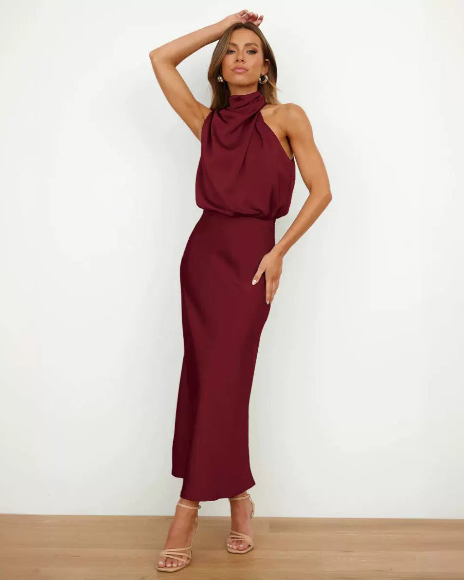 Elodie satin maxi dress women elegant sleeveless flowing gown glossy finish spring evening