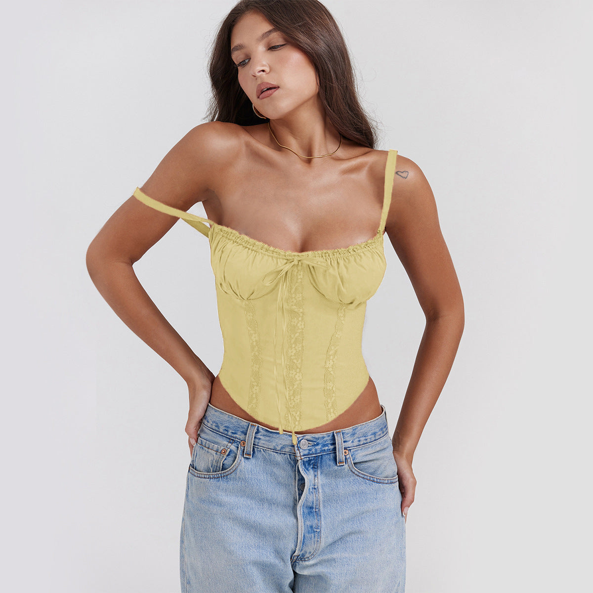 Women satin look cropped camisole top slim fit with delicate lace trim and spaghetti straps