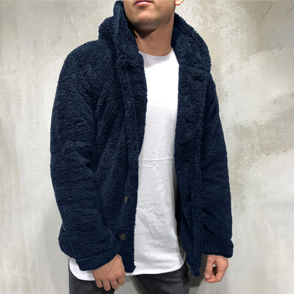 Men's relaxed fit hooded fleece jacket with button closure for layering and everyday casual comfort