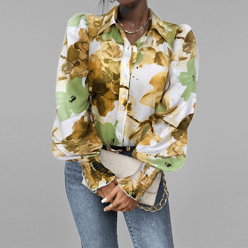 Women's floral print oversized boho shirt with puff sleeves and smocked cuffs lightweight cotton blend