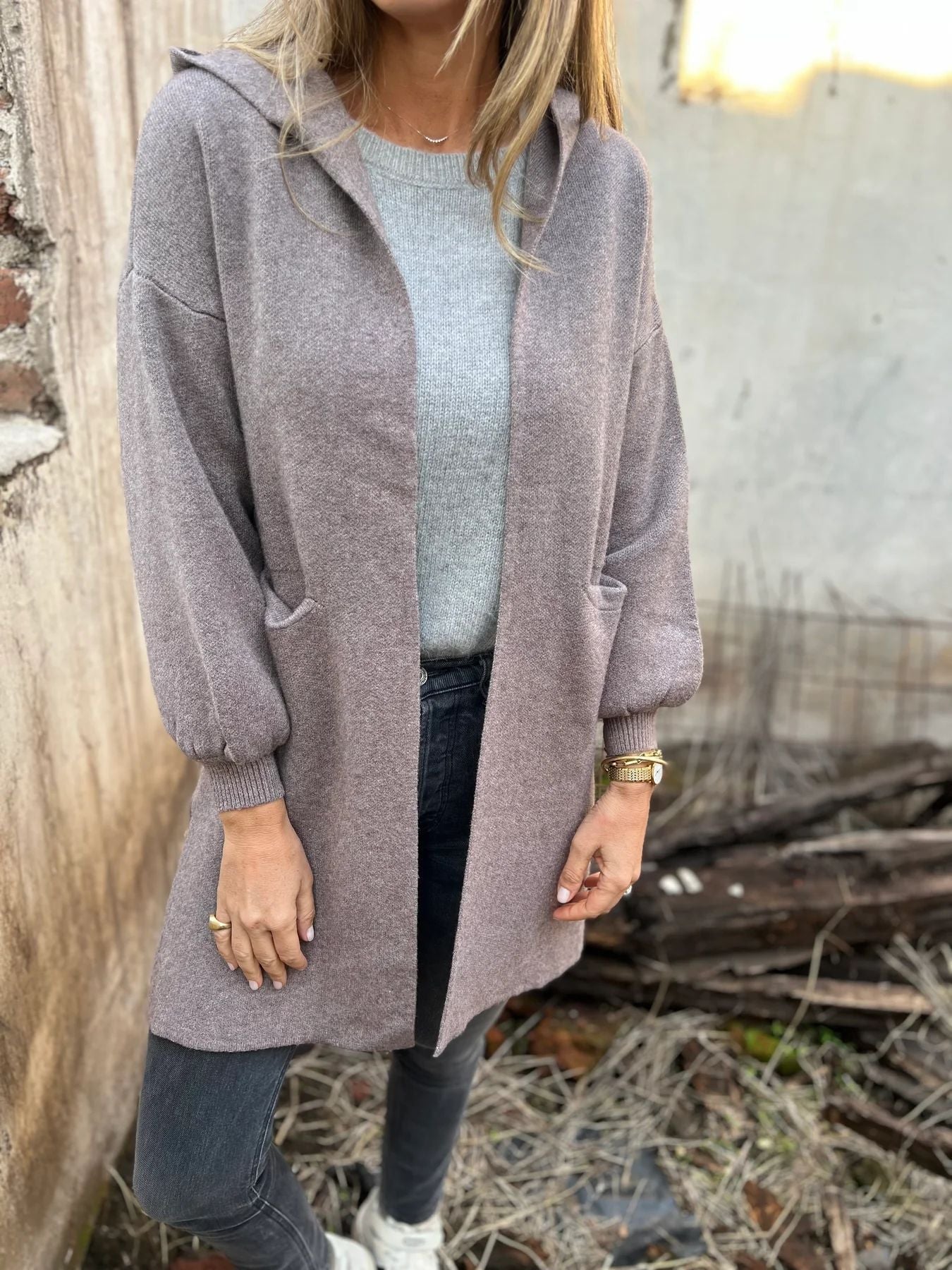 Women's beige hooded knit cardigan open-front relaxed fit with attached hood for cozy layering