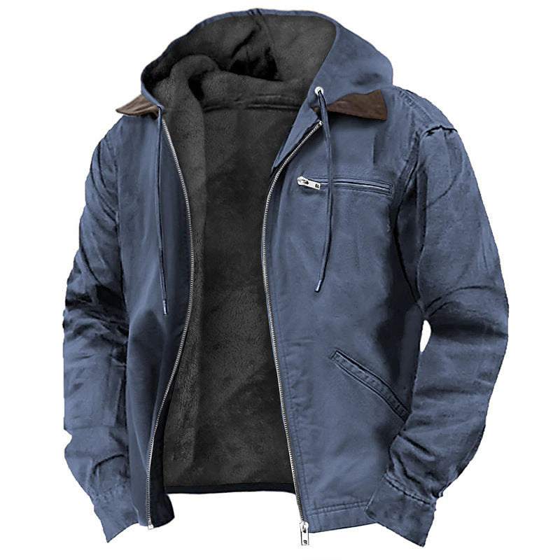 Men's relaxed fit fleece-lined hooded jacket with utility pockets, hip-length warm coat