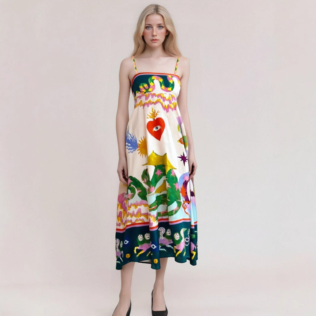 Women's strapless high-waist maxi dress flowy abstract print vacation style