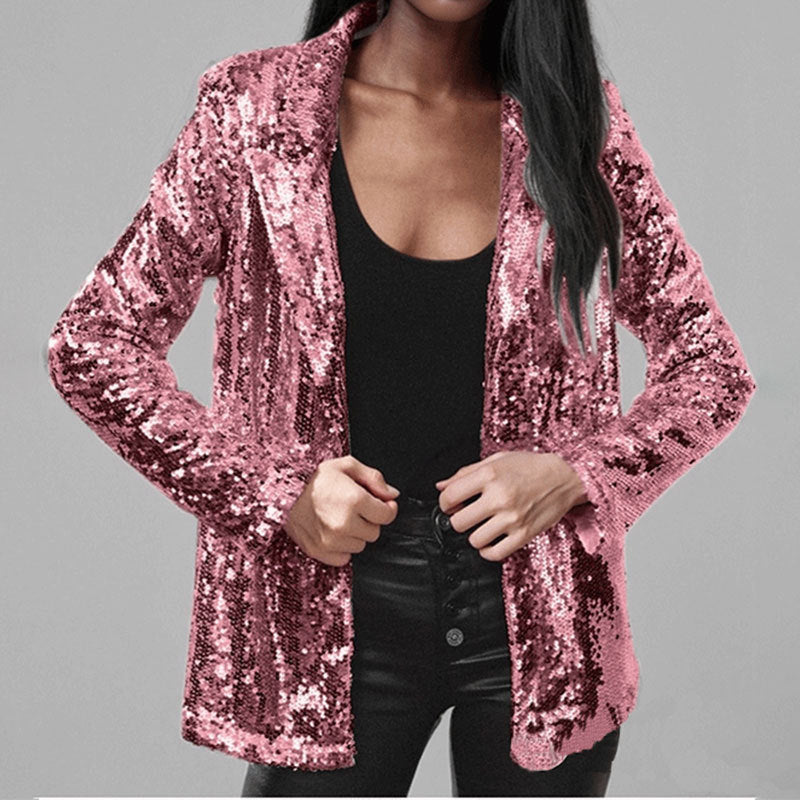 Women's silver sequin blazer tailored open-front long sleeve elegant evening wear