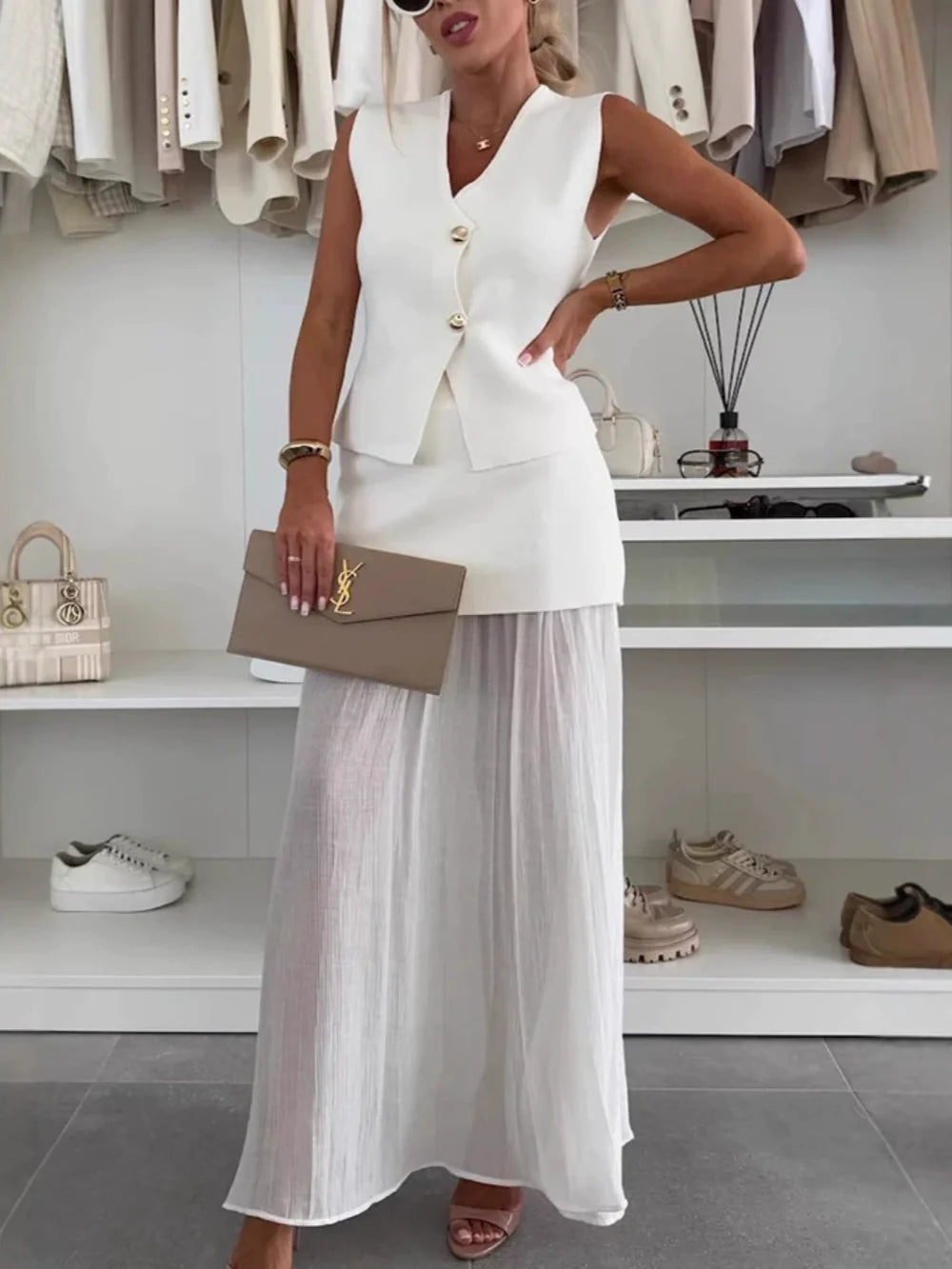 Women's knitted vest pleated tulle patchwork skirt suit elegant office wear solid color