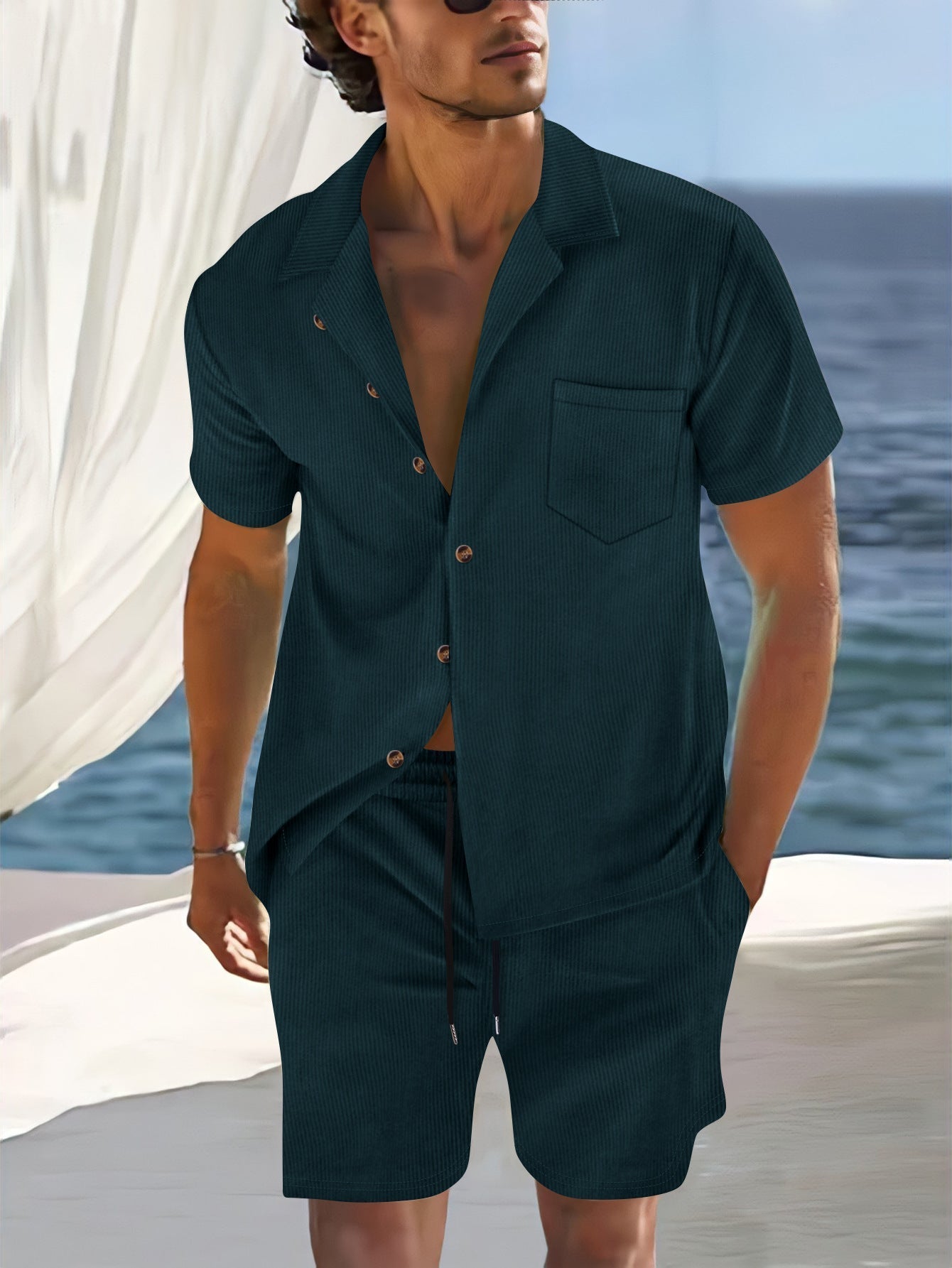 Men's relaxed fit vertical stripe shirt set lapel collar button front 2-piece summer outfit