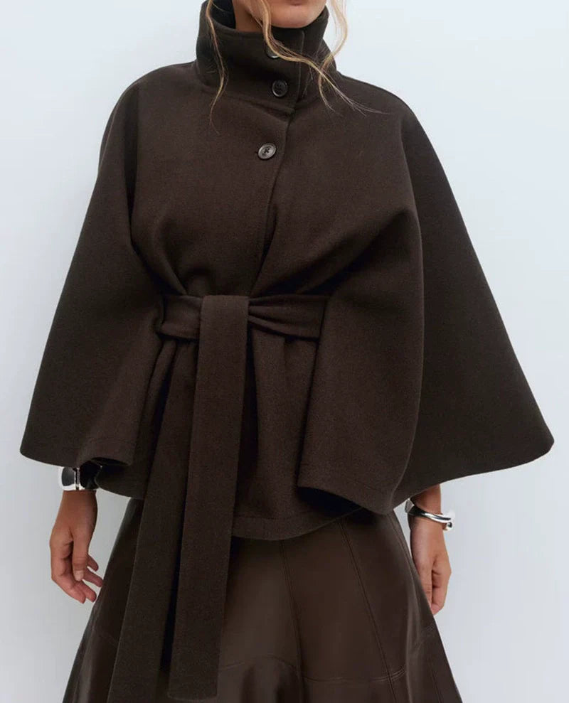 Women's wool belted cape jacket high neck loose fit button front chic versatile outerwear