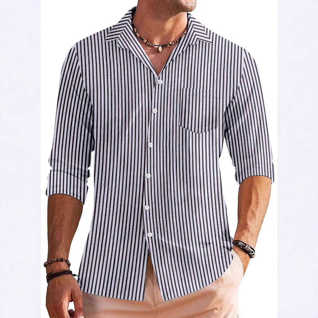 Men's regular fit long sleeve striped shirt with chest pocket in breathable fabric for smart casual