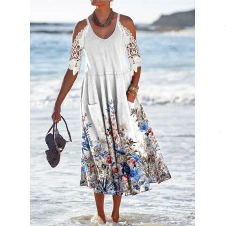 Women's floral maxi dress cold shoulder lace sleeves flowing silhouette vibrant print casual elegance