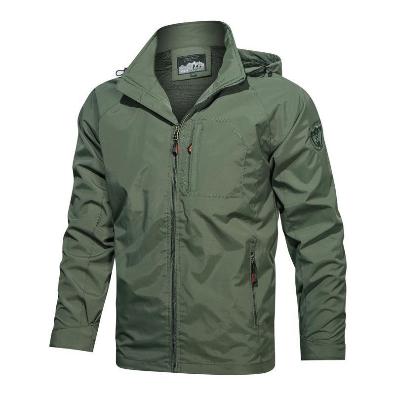 Men's lightweight windproof hooded jacket with zipper closure and multiple pockets for versatile wear