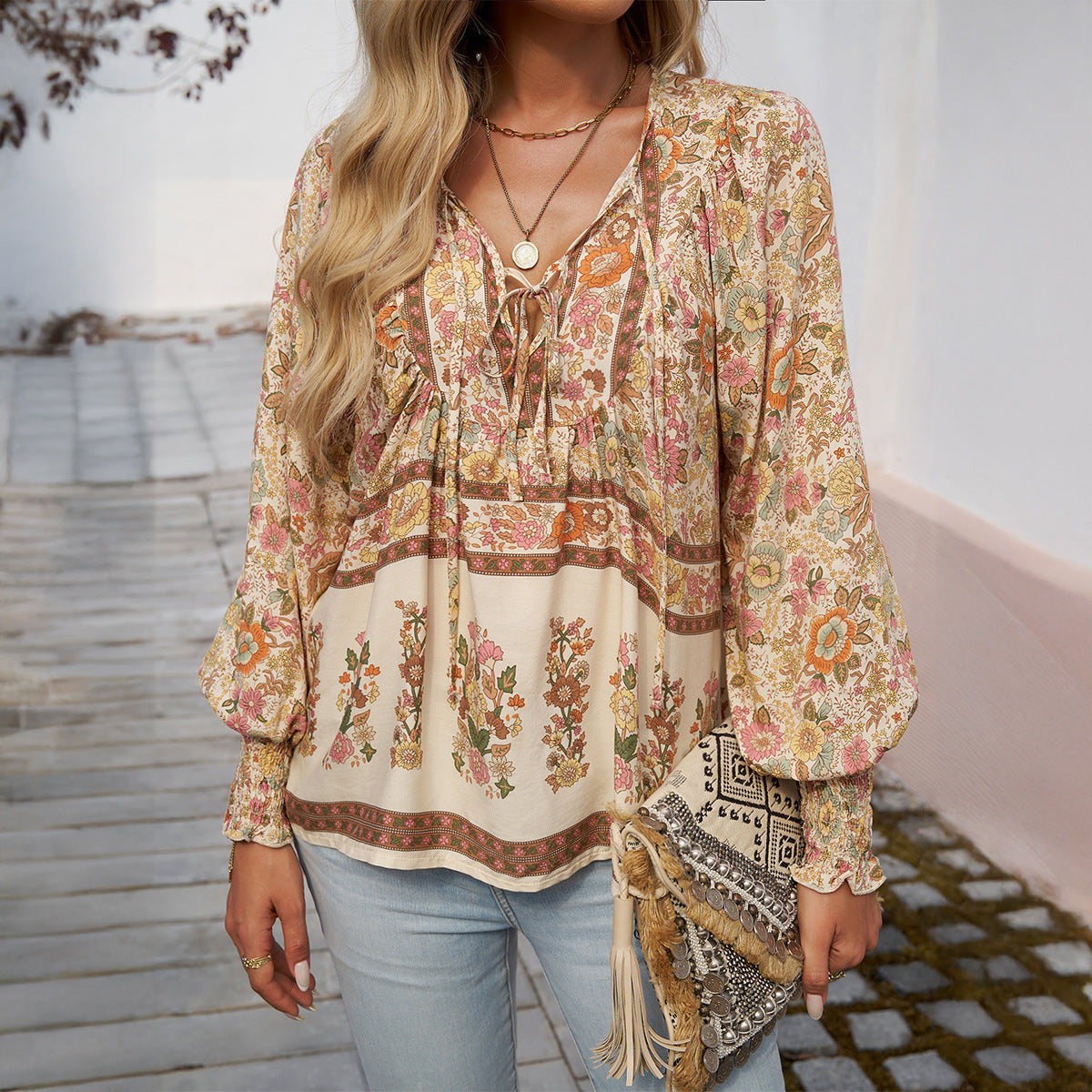 Boho print women's blouse light rayon relaxed fit bow neck everyday casual style