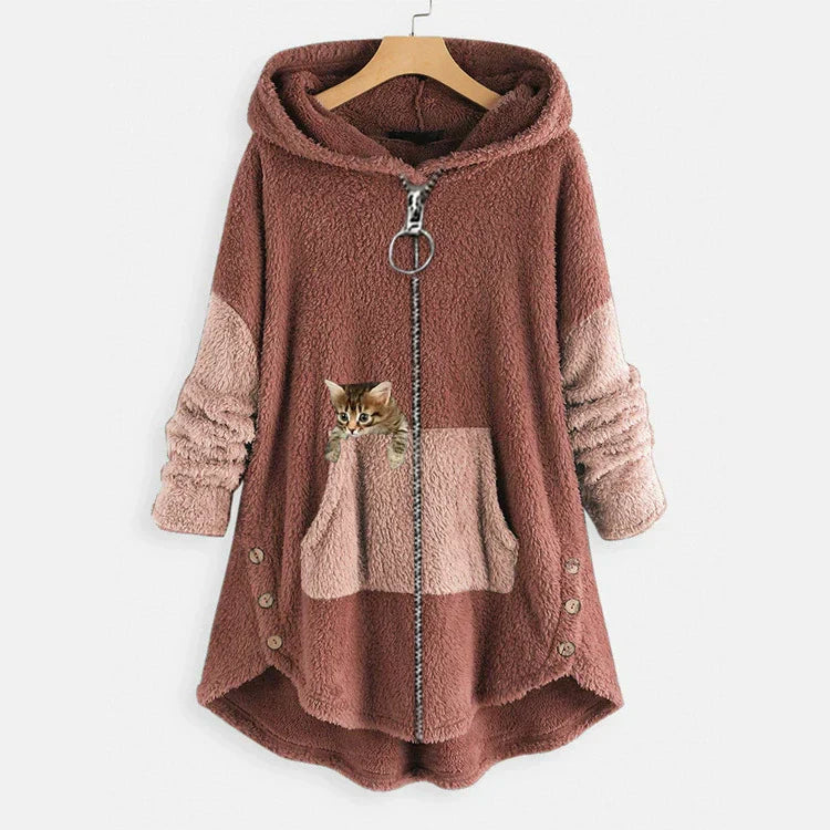 Women's oversized plush fleece hooded jacket high-low hem with playful cat pocket in neutral tones