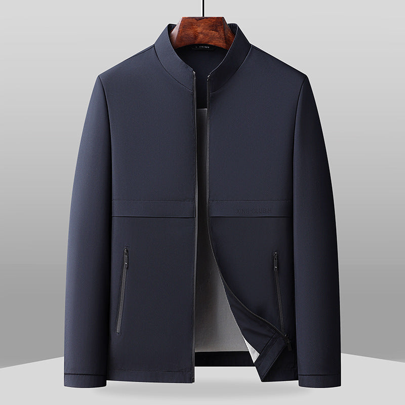 Men's navy regular fit jacket with band collar, full-zip closure, and side pockets for urban style
