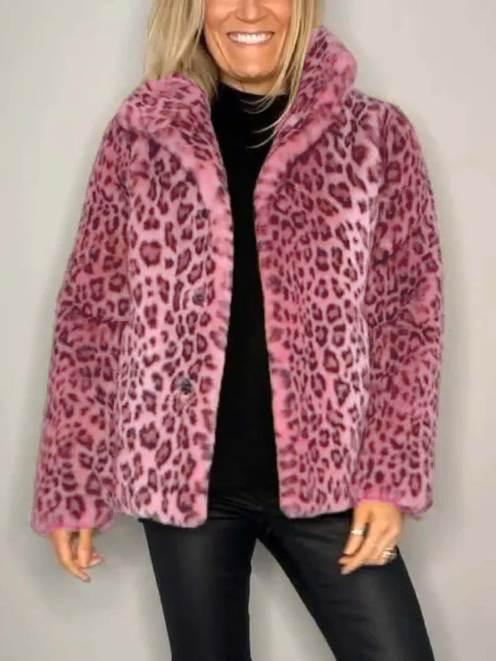 Women's oversized leopard print faux fur coat, cozy luxury outerwear with relaxed silhouette