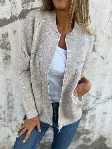 Women's relaxed fit knit-look jacket with full-length zipper and side pockets in casual everyday style