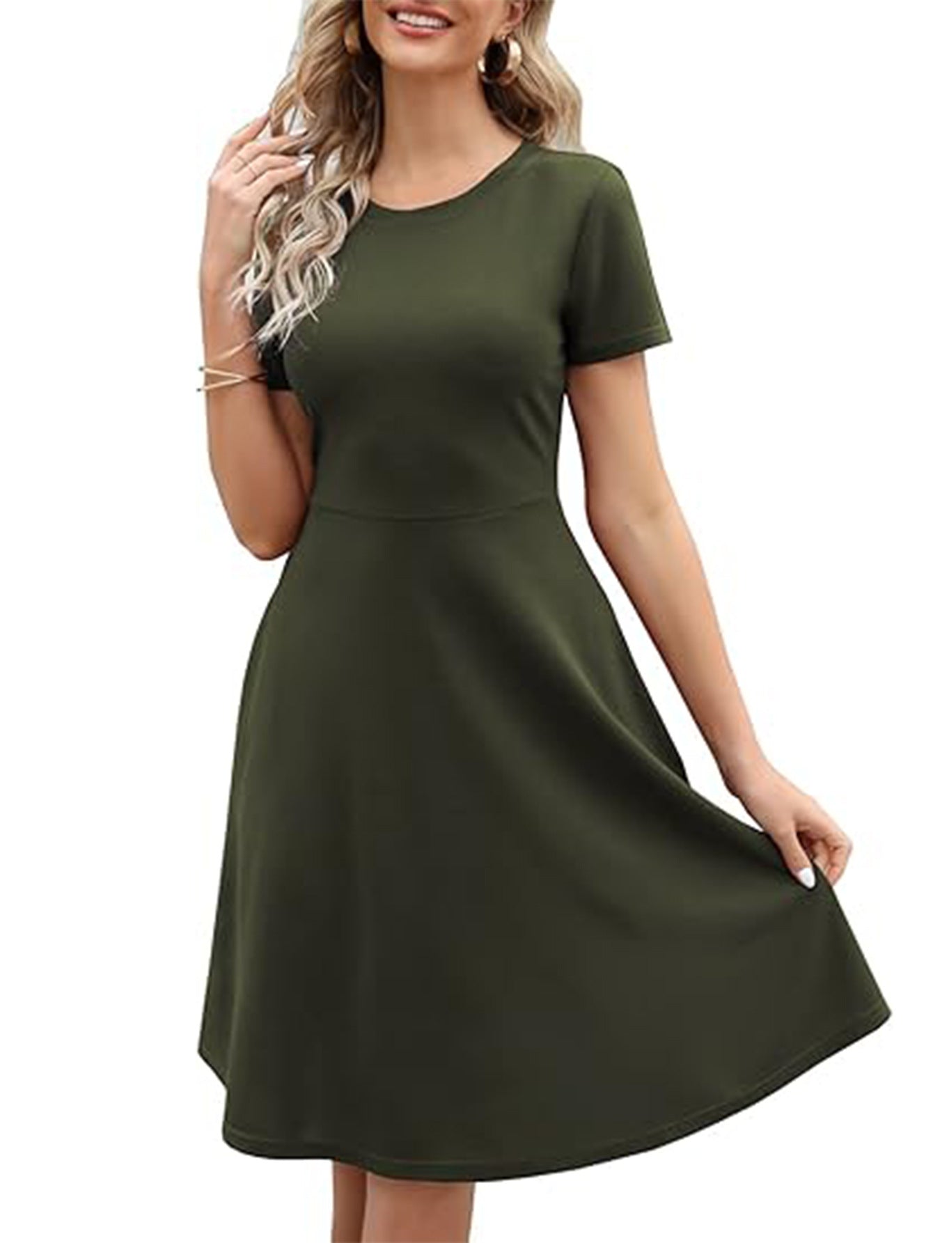 Women's fit-and-flare knee-length dress short sleeves round neck timeless elegant silhouette