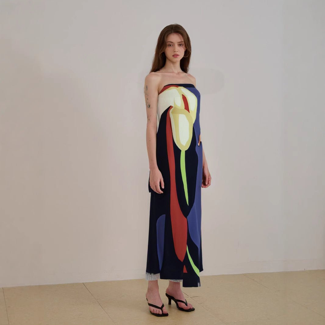 Women's strapless midi dress lightweight flowing silhouette bold abstract pattern shoulder-baring design