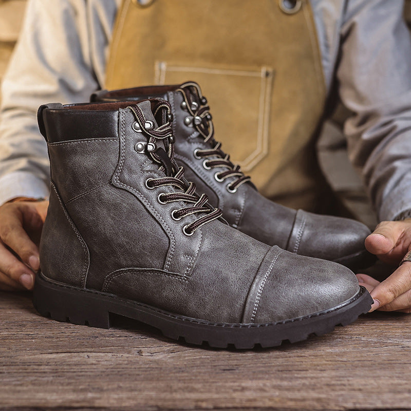 Men's brown PU leather ankle lace-up boots with reinforced toe and padded collar for daily wear