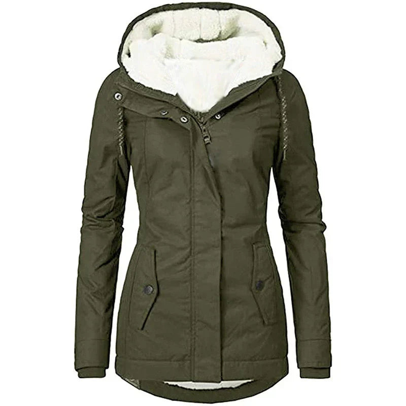 Women's semi-fitted mid-thigh parka coat with plush-lined hood, weather-resistant warmth for cooler months