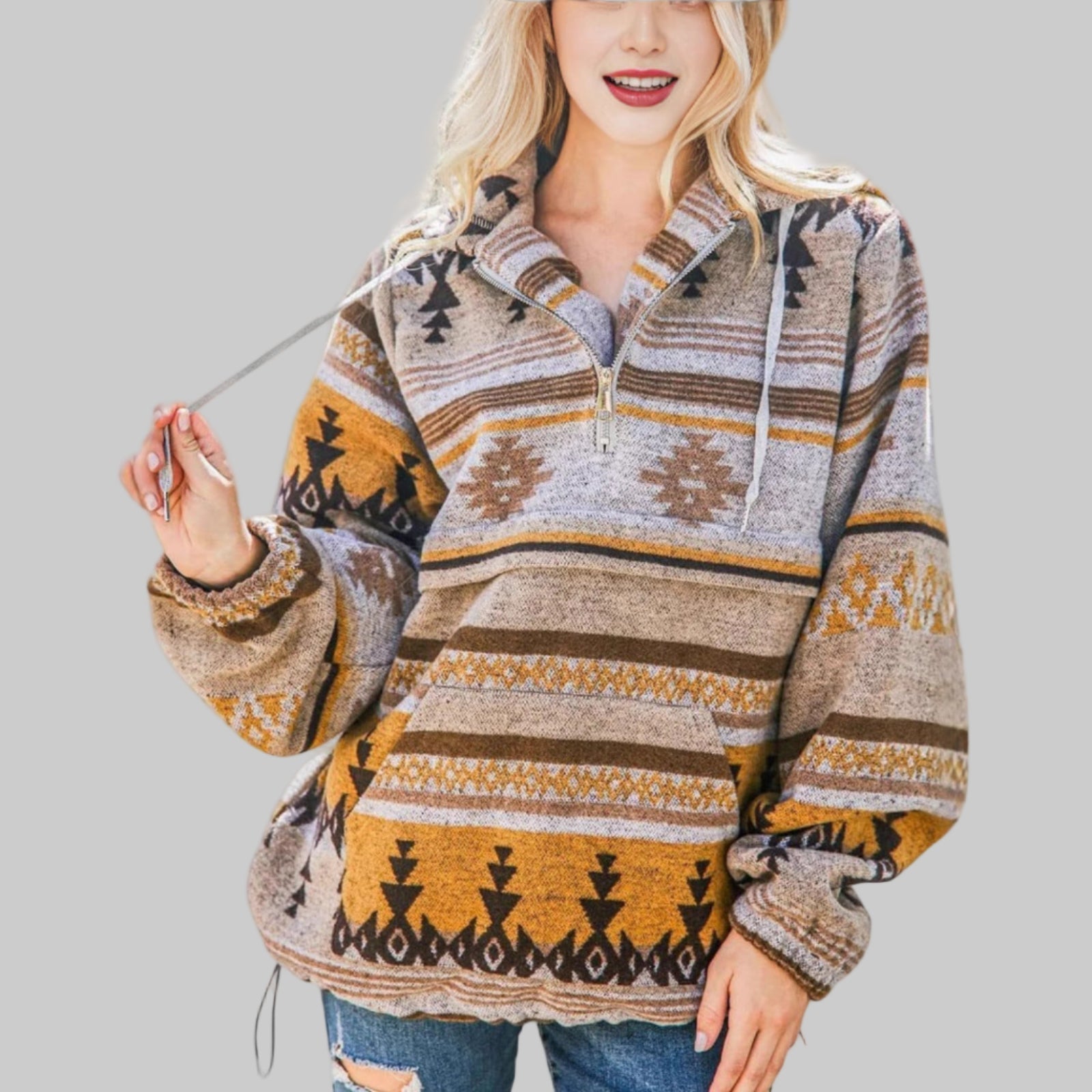 Women's colorful boho print half-zip hoodie cozy relaxed fit layering essential