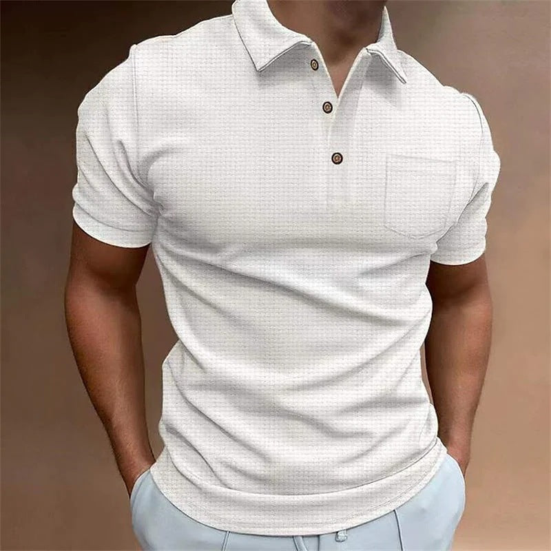 Men's slim fit piqué knit polo shirt with chest pocket, short sleeve everyday style