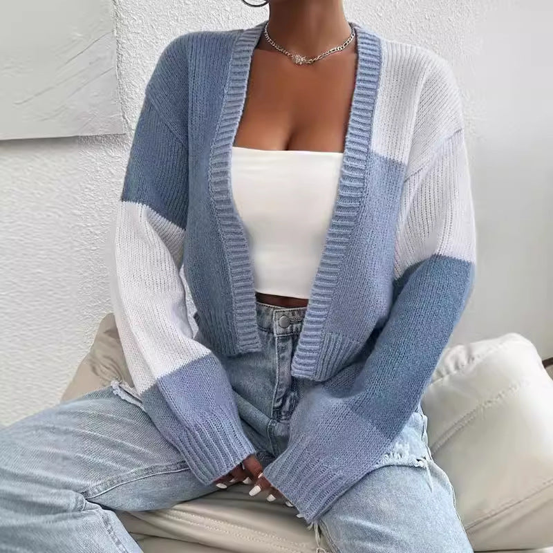 Women's short fit V-neck knit cardigan in block pattern, wool blend, polished layering piece