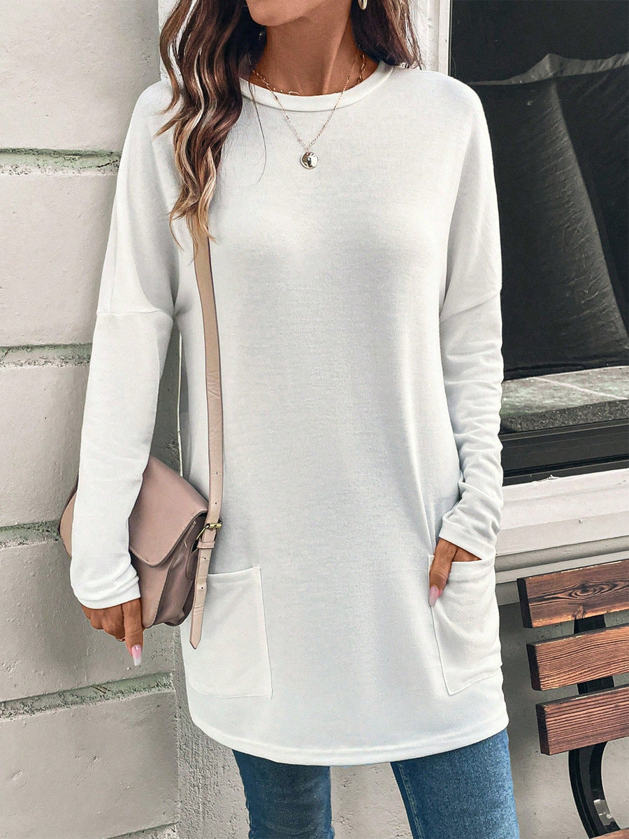 Women's relaxed-fit cotton blend tunic sweatshirt with hip pockets for everyday casual style