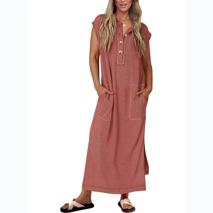 Women's relaxed fit maxi dress cotton-linen blend cap sleeves with functional side pockets