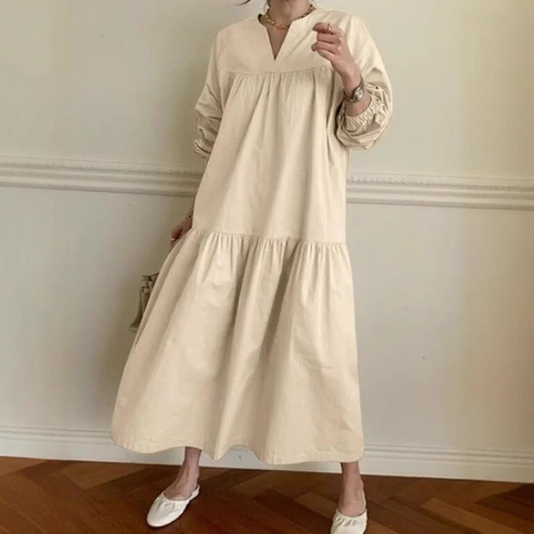 Women's oversized maxi dress cotton linen blend V-neck puff sleeves relaxed elegant silhouette