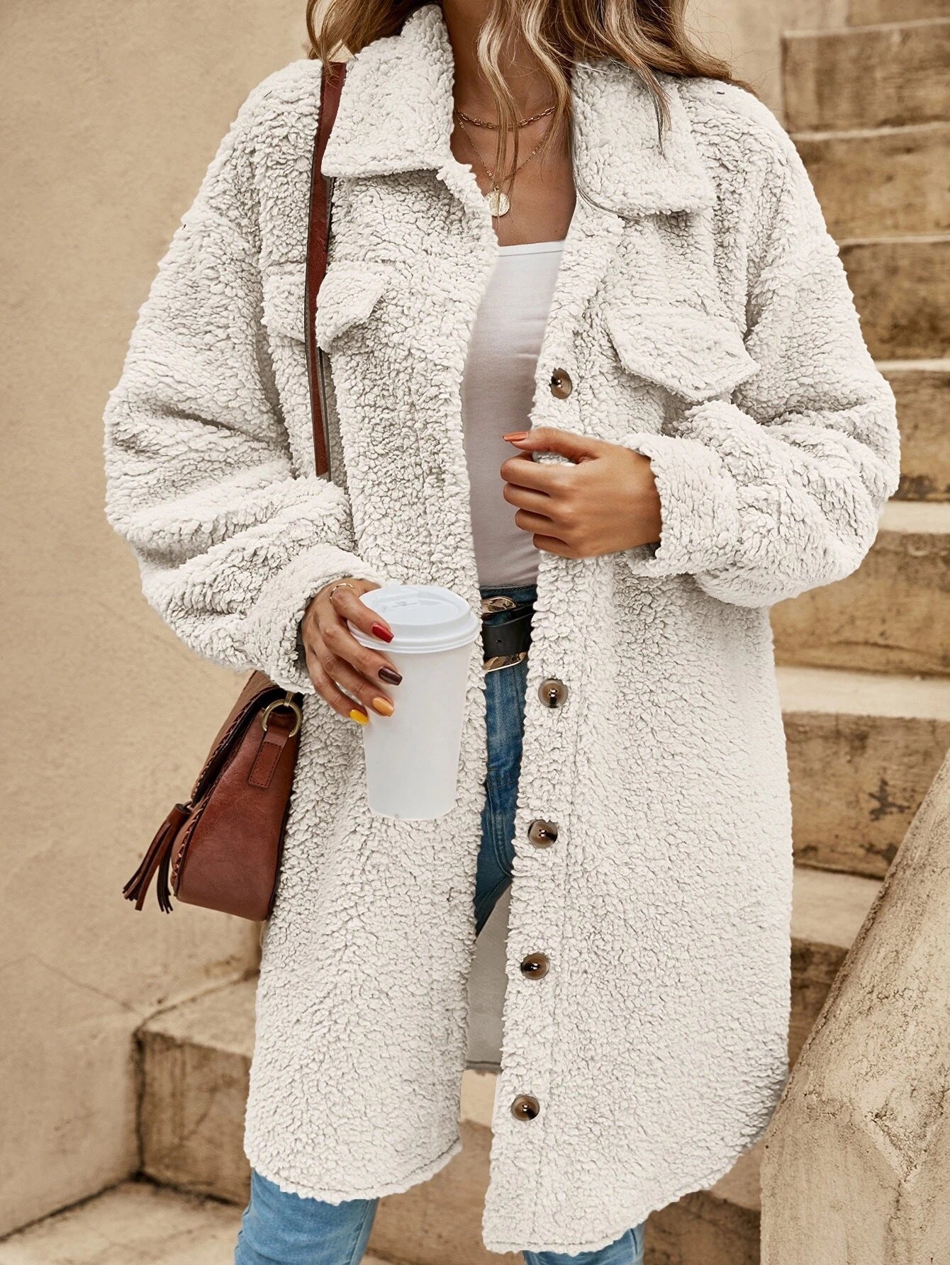 Women oversized plush fleece long coat lapel collar button-down warm lightweight autumn winter