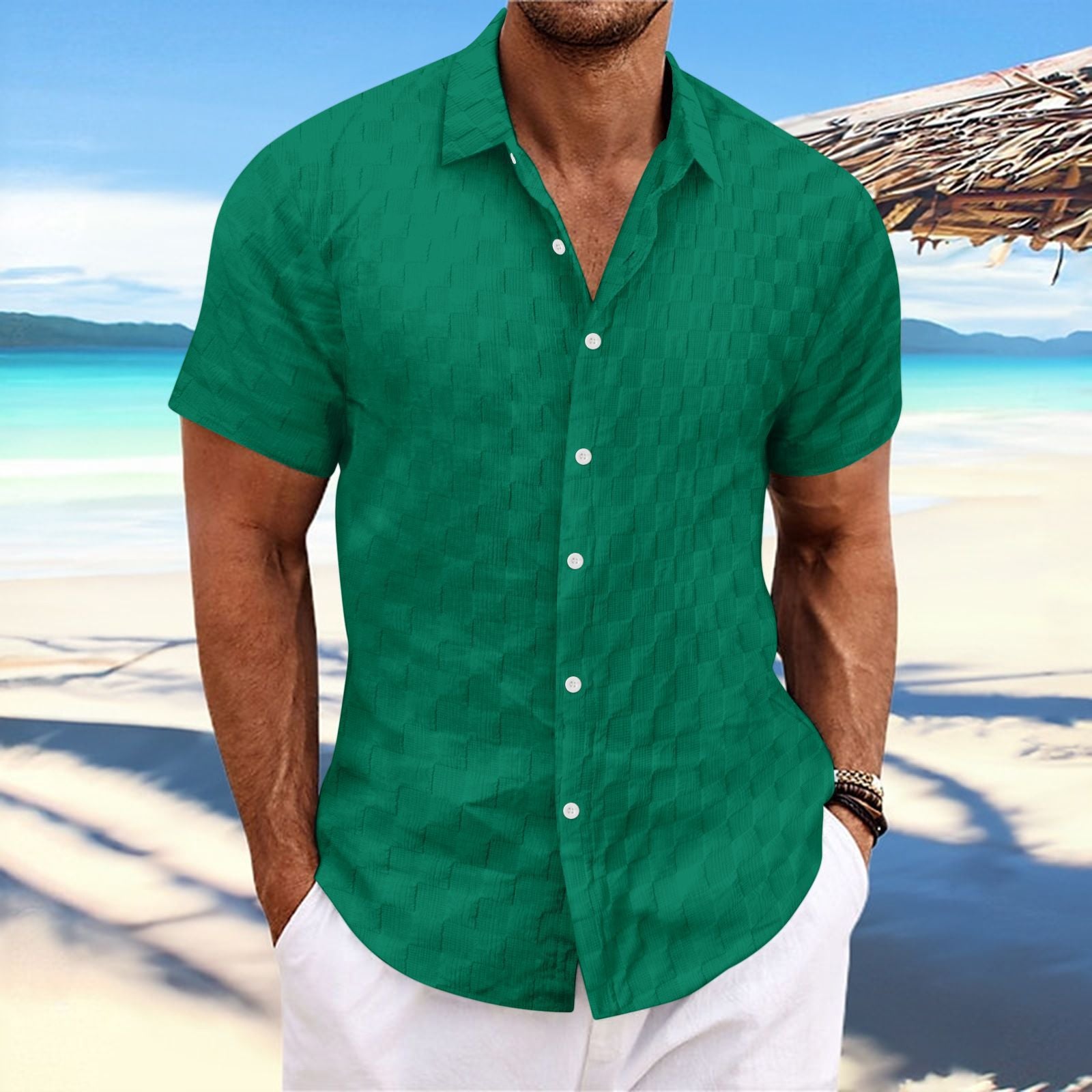 Men's light blue textured weave cotton blend casual shirt regular fit breathable warm weather