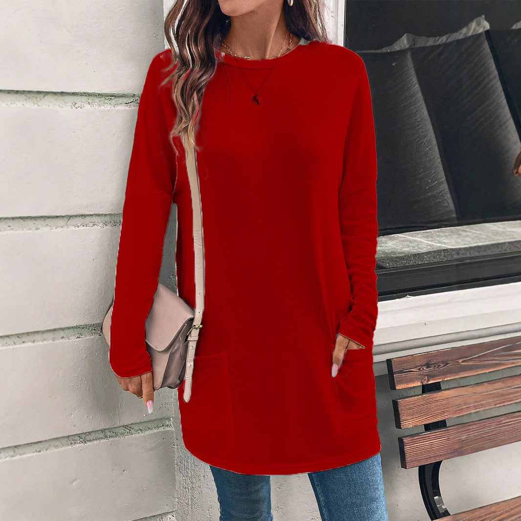 Women's relaxed fit cotton blend tunic sweatshirt with hip pockets for everyday casual comfort