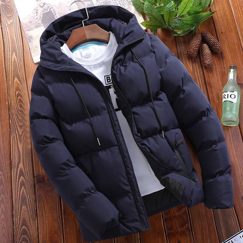Men's black quilted hooded jacket relaxed fit hip-length synthetic blend full-zip closure