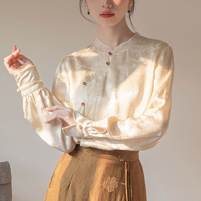 Women's creamy apricot satin blouse, East Asian floral pattern, mandarin collar, gathered cuffs