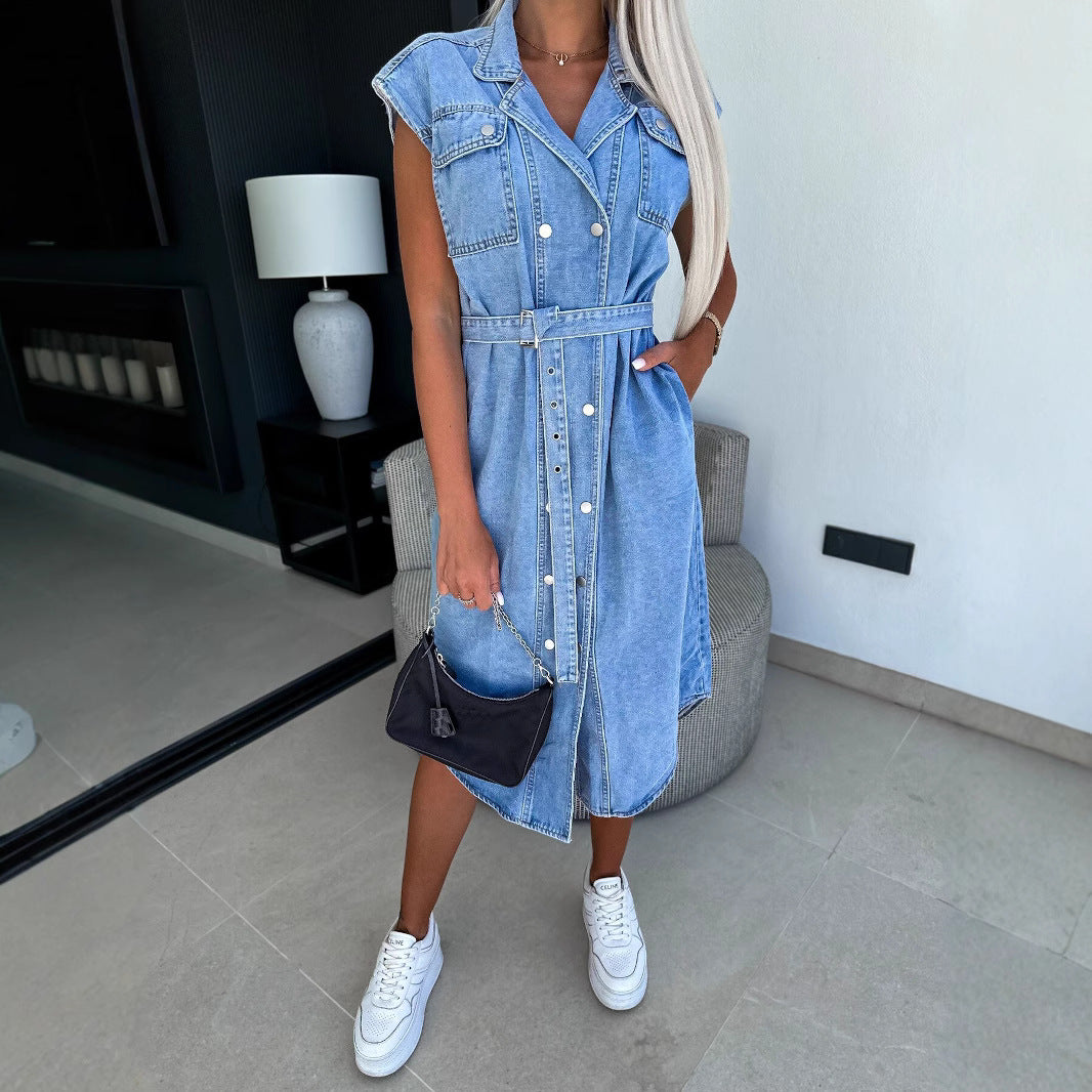 Women's sleeveless denim midi dress with front button closure and waist-defining belt
