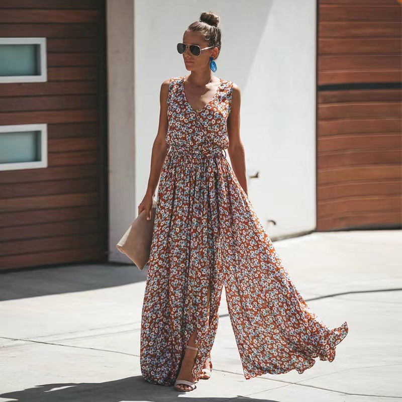 Women's floral maxi dress sleeveless deep V-neck tie waist light breathable cotton casual summer