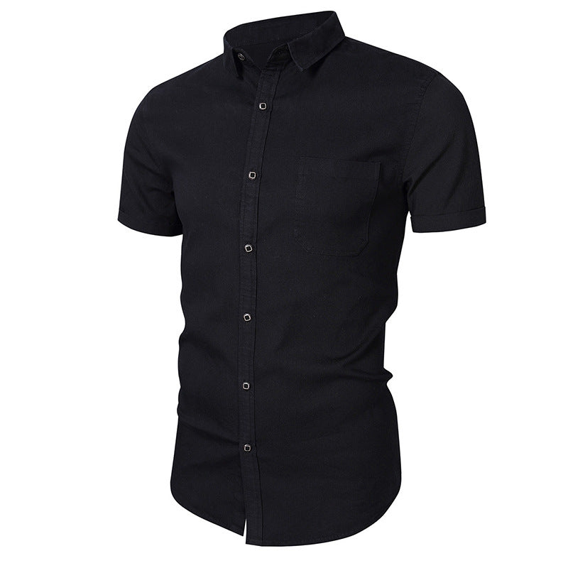 Men's slim fit short sleeve cotton shirt with chest pocket, breathable everyday casual style