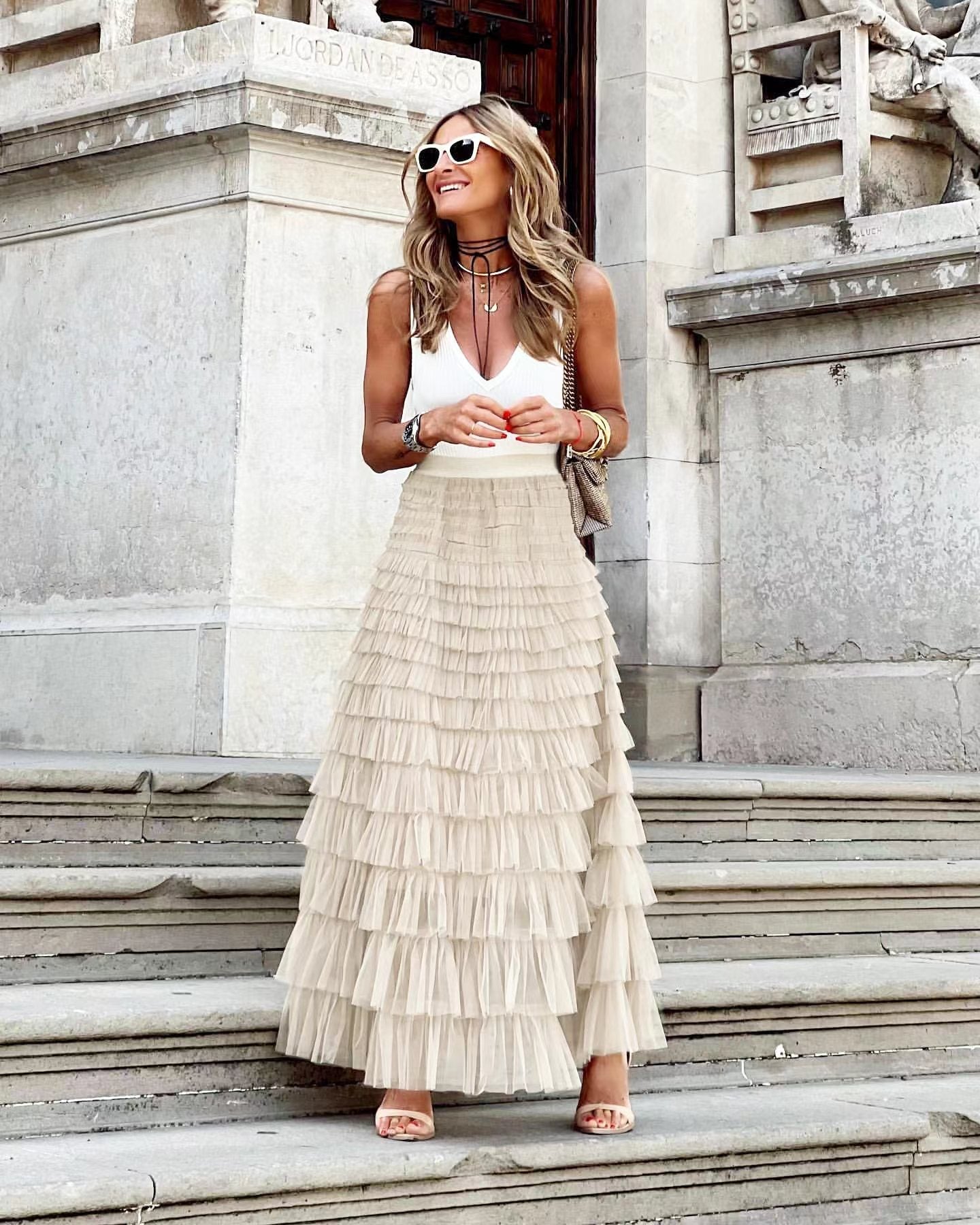 Women's black tulle A-line midi skirt with elegant multi-layer volume and flattering silhouette