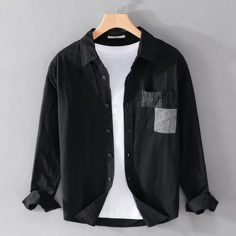 Men's relaxed fit long sleeve cotton blend casual button-up shirt with patch pocket detail