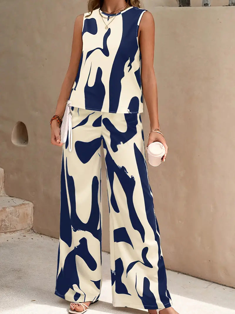 Women's sleeveless 2-piece set wide-leg pants relaxed fit breathable fabric casual chic