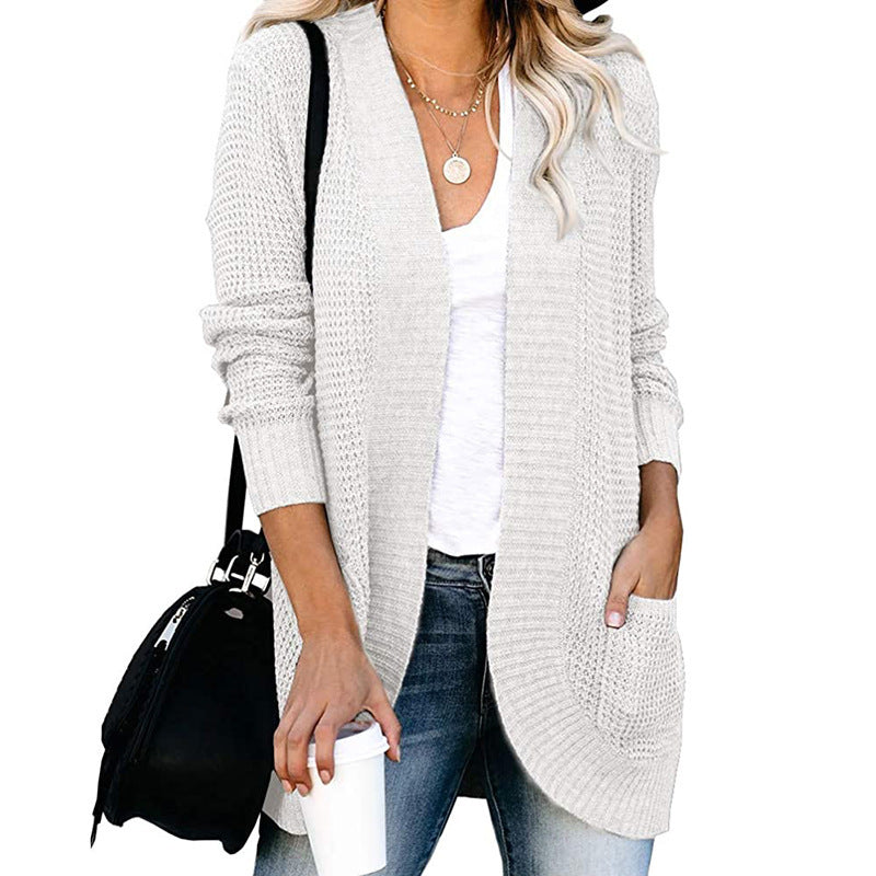 Women's relaxed fit open front cardigan, knitted texture V-neck with pockets for casual everyday wear