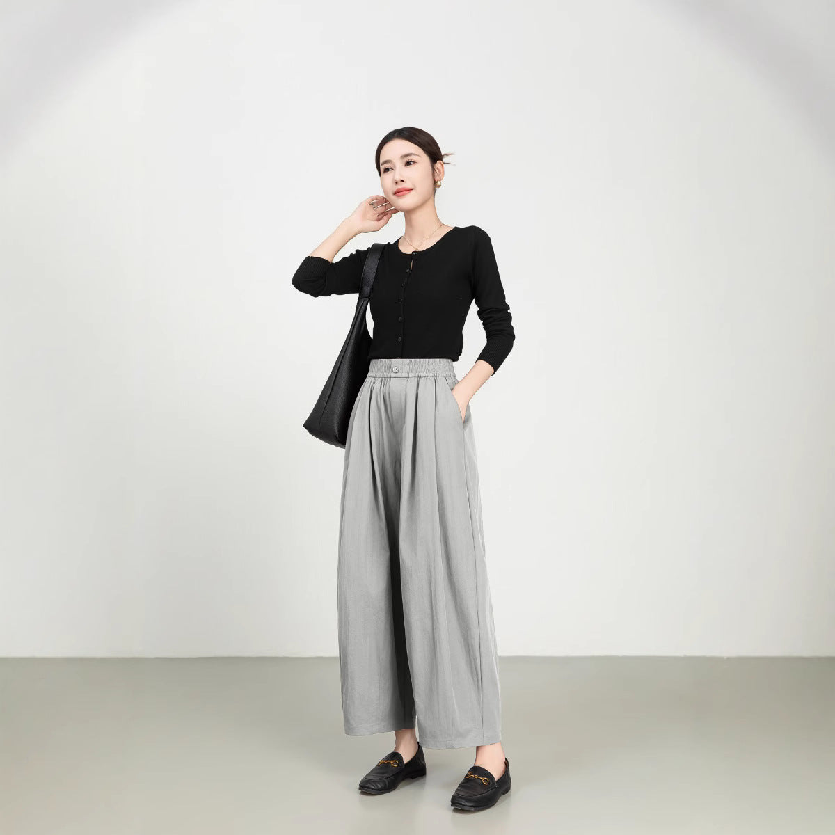 Women's wide-leg pants high waist elastic waistband lightweight cotton twill relaxed fit