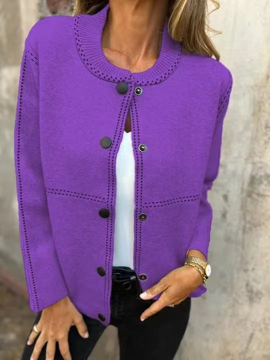 Women's soft knit cardigan loose fit hip length button front round neck everyday versatile layer