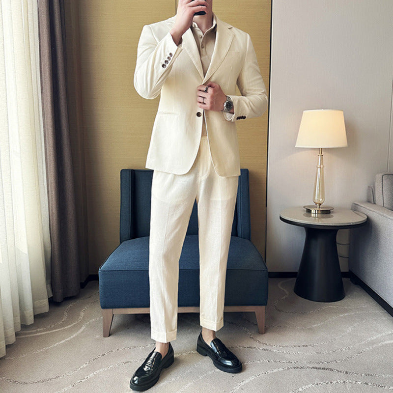 Men's slim fit blazer light beige cotton linen blend notched lapel single breasted versatile