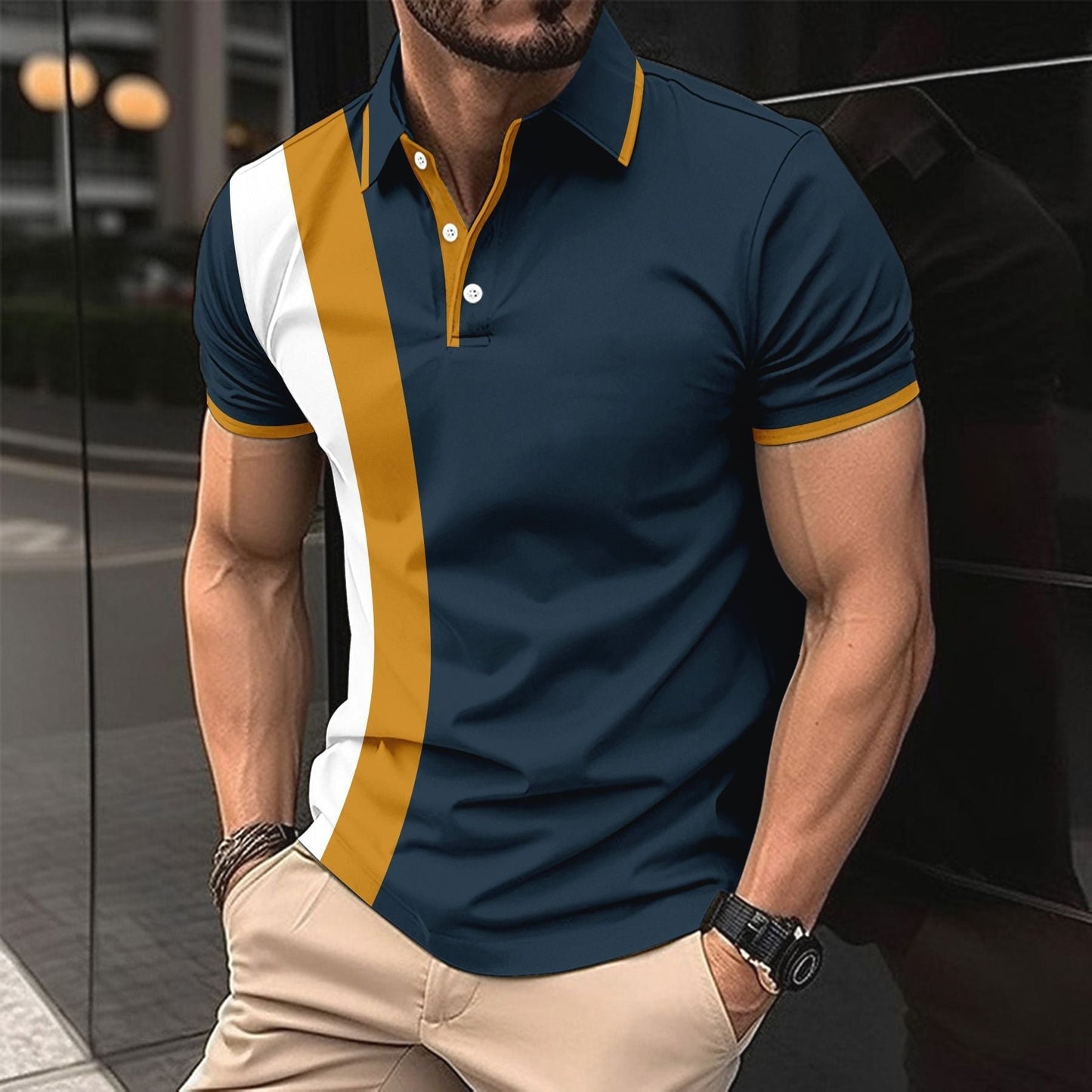 Men's slim fit white cotton polo shirt with elegant collar detail and short sleeves