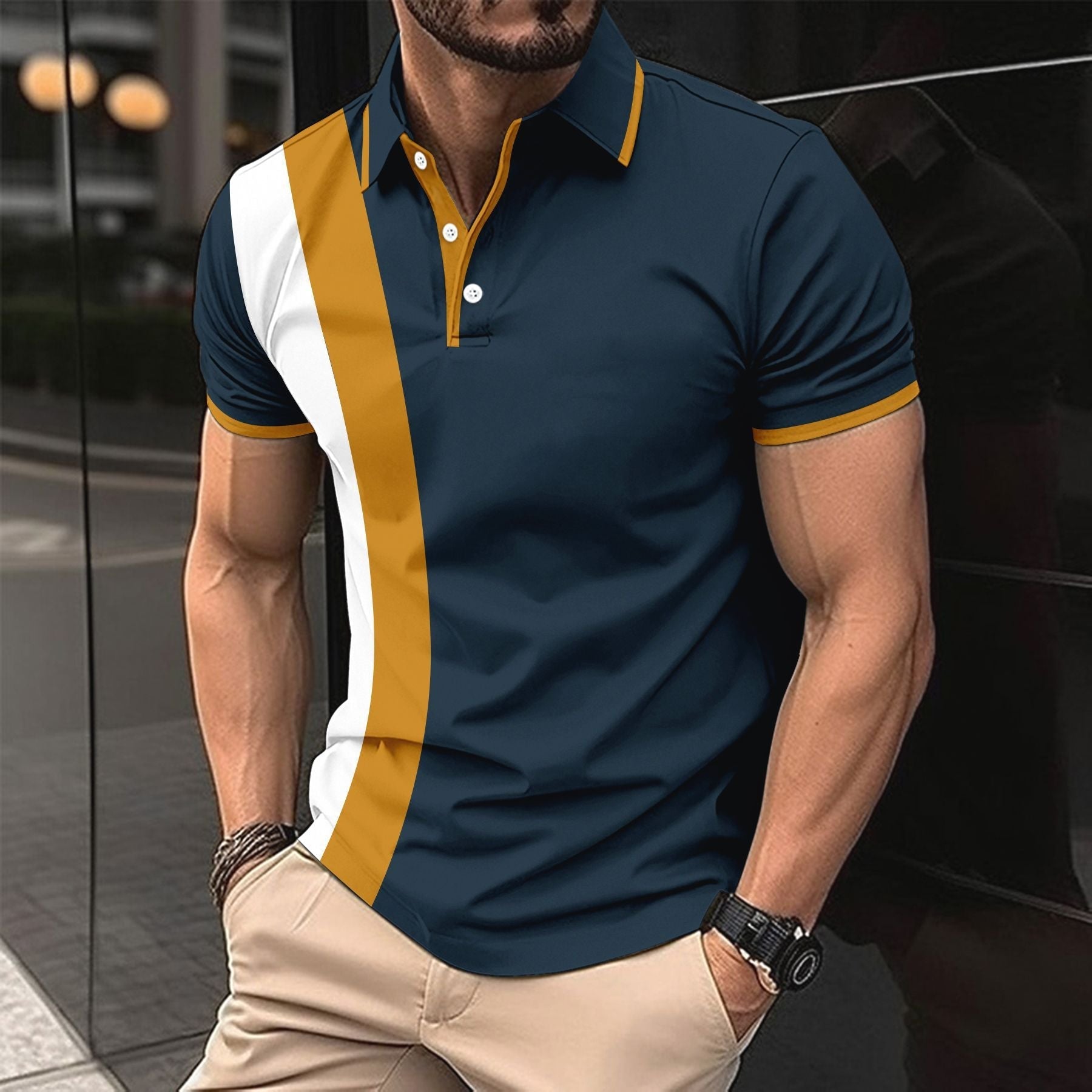 Men's slim fit white cotton polo shirt with elegant collar detail and short sleeves