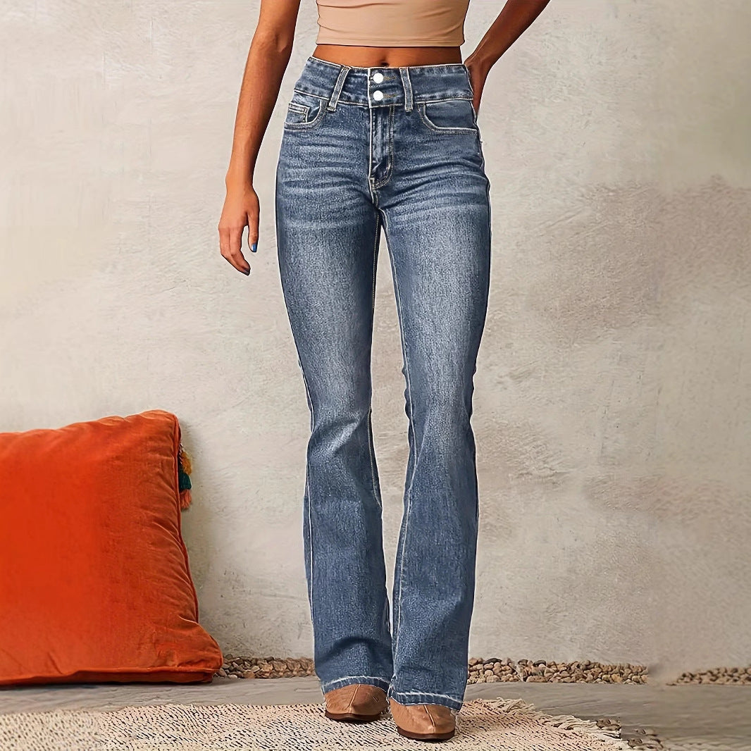Women's high-waist flared jeans stretch cotton denim retro full-length silhouette leg-lengthening fit