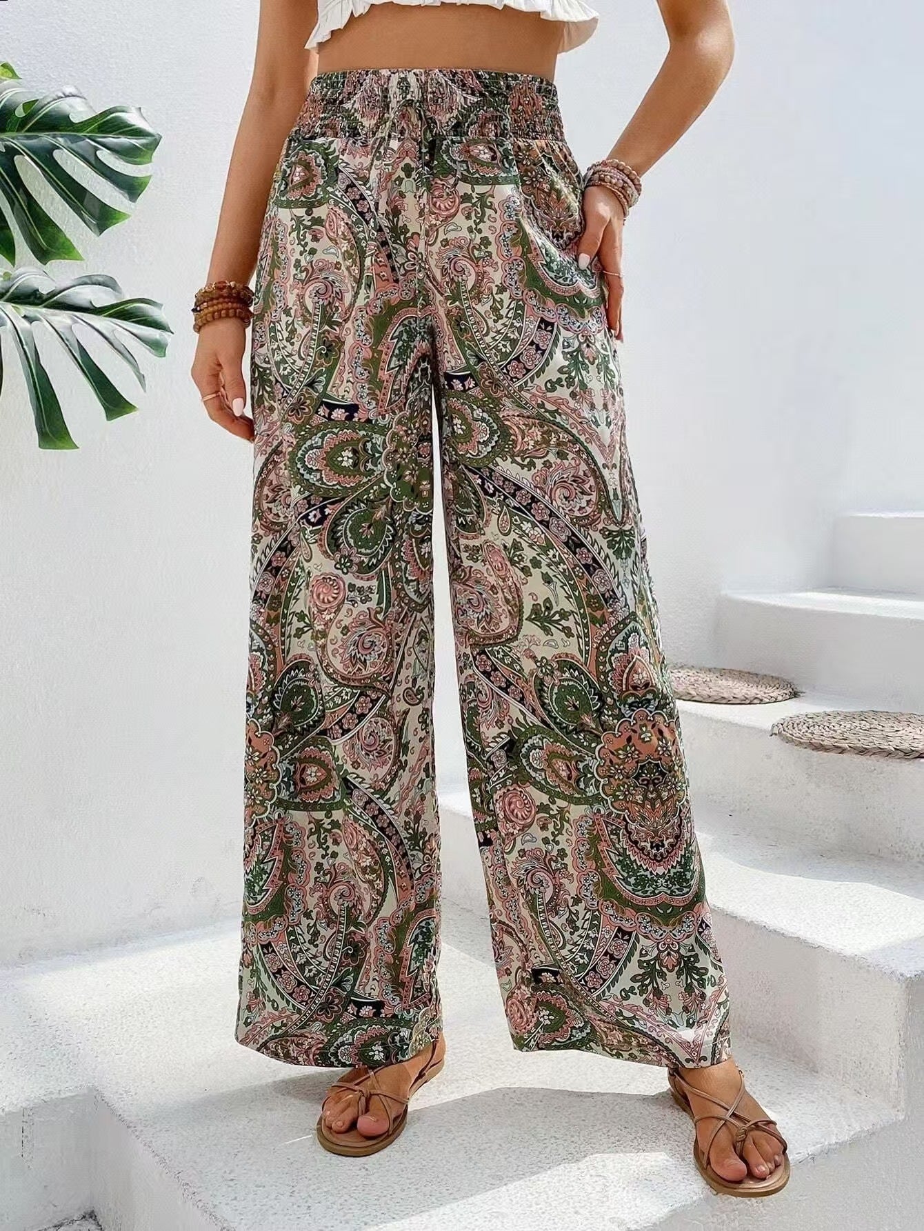 Women's wide-leg bohemian print pants with elastic waist, lightweight breathable fabric, relaxed silhouette