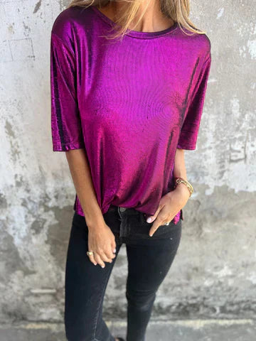 Women's relaxed fit shimmer blouse lightweight short sleeve top with subtle iridescent sheen